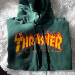 Thrasher unisex flame logo green hoodie